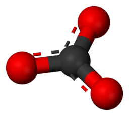 This picture illustrates the molecular structure of a carbonate ion (CO₃2−) at the atomic level.